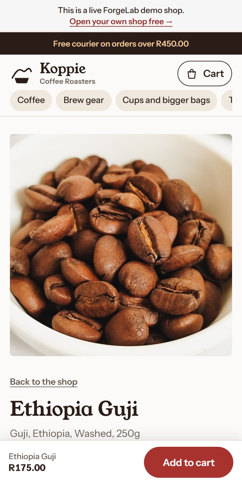A product page in the Storeforge demo shop on a phone: Ethiopia Guji coffee from Koppie Coffee Roasters, R175 for 250g, with an add to cart button.